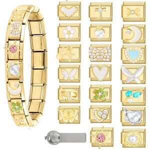 Gold Stainless Steel Italian Charm Bracelet Set with Tools and 20 Charms for DIY